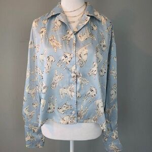 ZARA UK Blue Cropped Blouse, Long Sleeve, Dog Print. Size Small. Like New